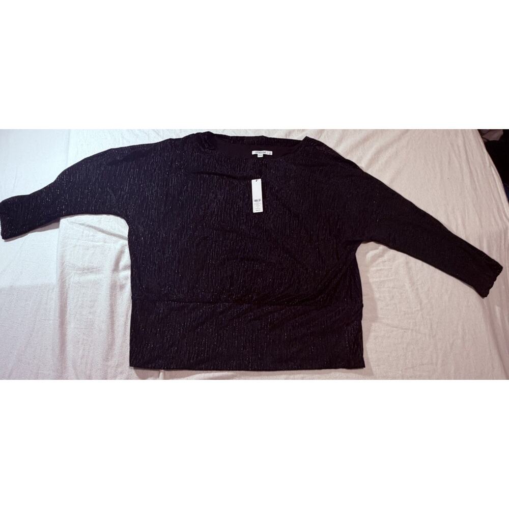 Chico's Black Crinkle Sparkle Knit Pullover Blouse Crew Neck Long Sleeve 3 XL